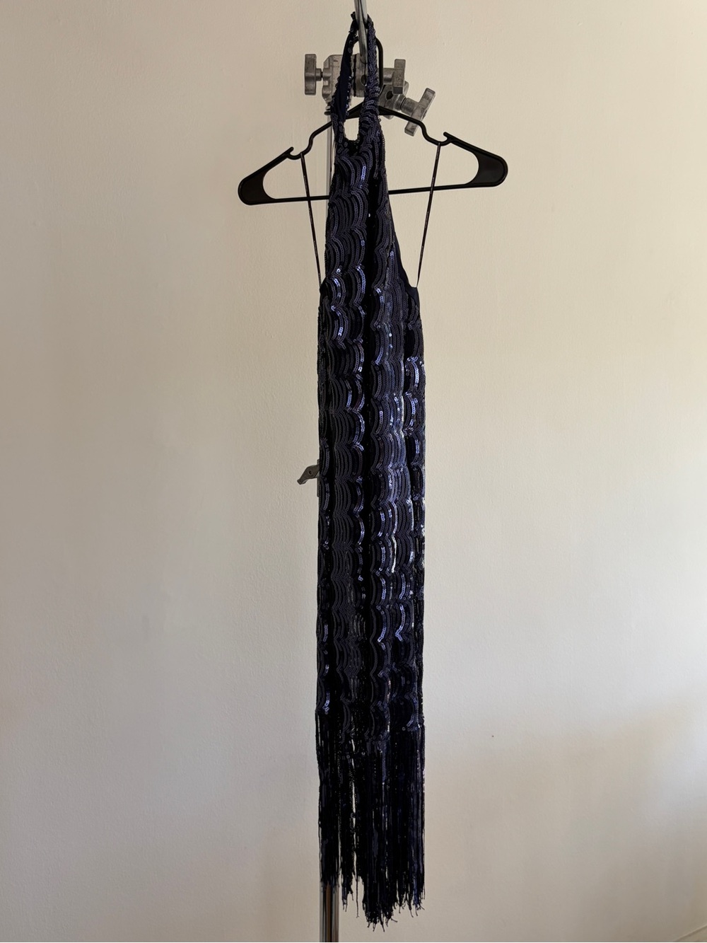 Symphony Backless Sequin Fringe Maxi Dress in Navy